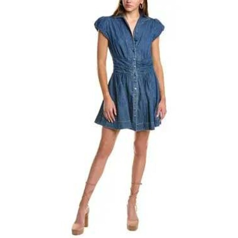 Free People Denim Mini Dress Medium Wash Button Front Smocked Back XS OB410214